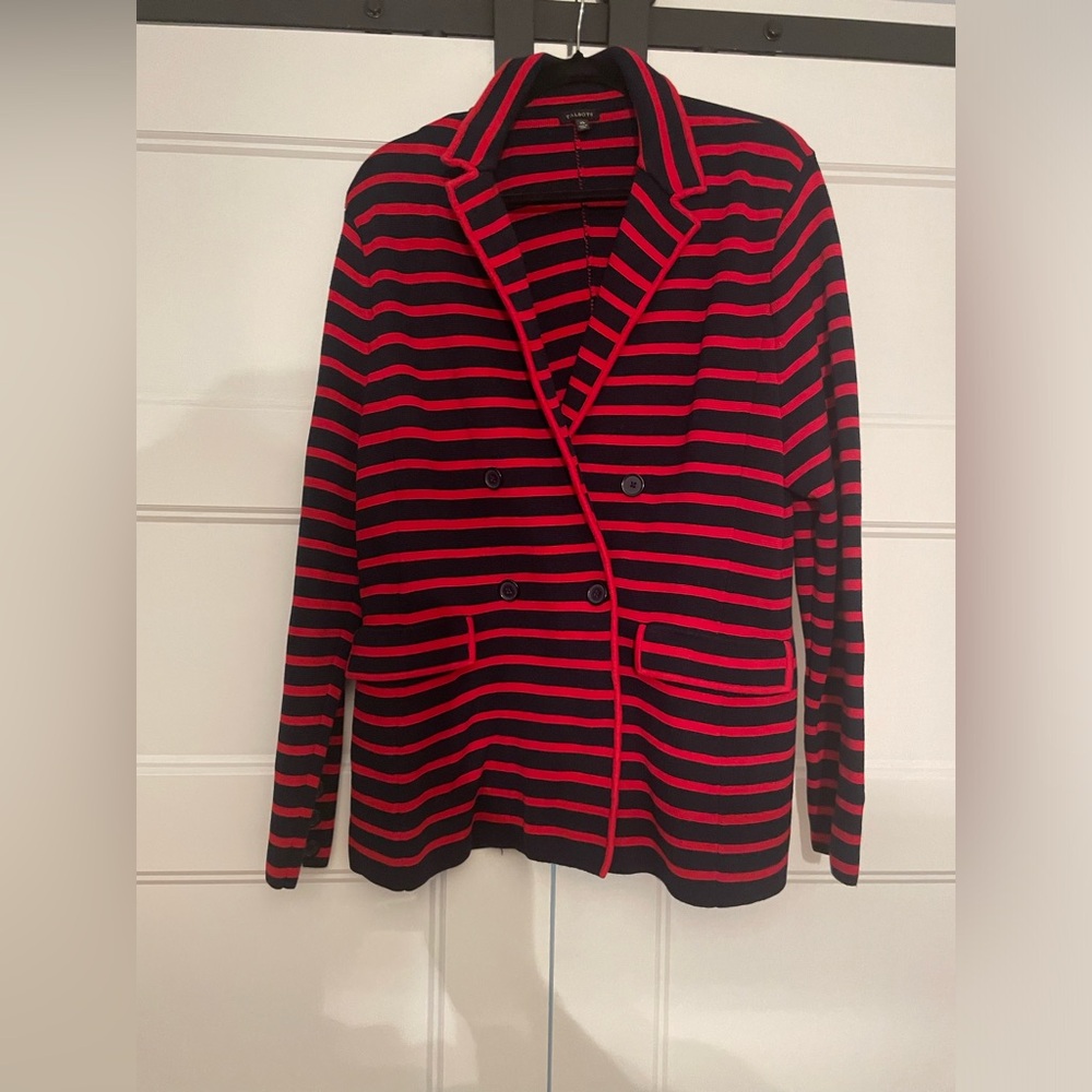 Talbots Blazer Womens XL Plus Red Navy Ponte Striped Notch Collar Two Pockets